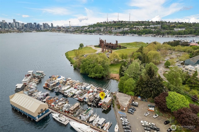 bird's eye view featuring a water view