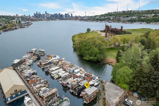birds eye view of property featuring a water view and a city view