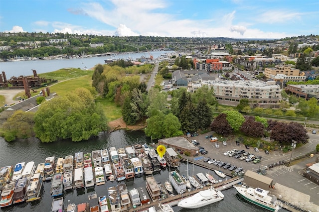 drone / aerial view with a water view