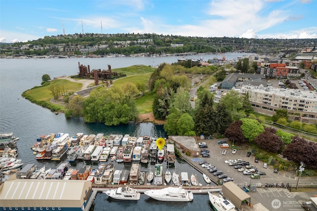 drone / aerial view with a water view