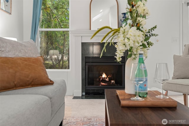 living area with a fireplace with flush hearth and carpet flooring
