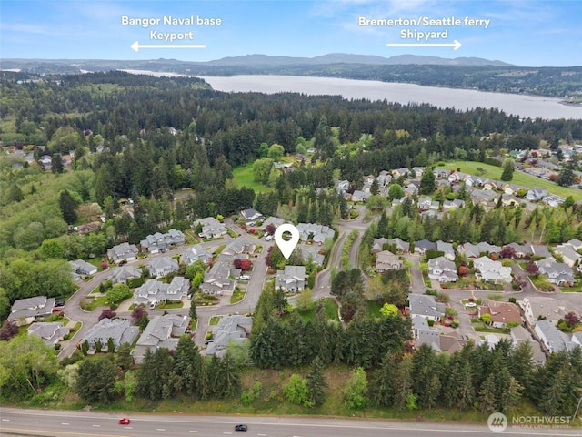 aerial view with a view of trees, a residential view, and a water and mountain view