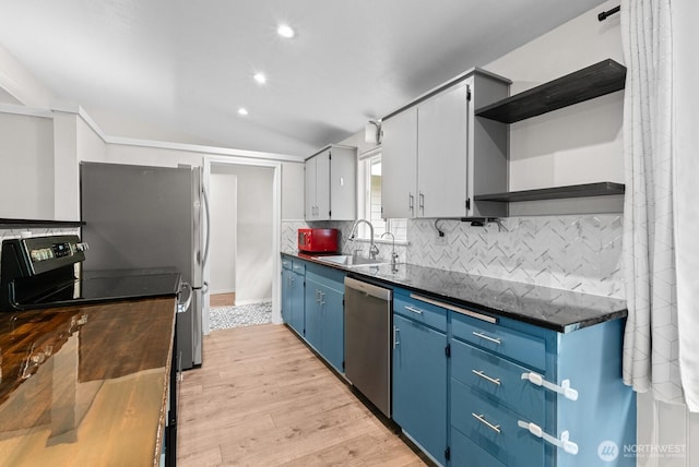 2617 College St SE, Lacey, WA 98503 - kitchen featuring open shelves, a sink, light wood finished floors, dishwasher, and blue cabinetry