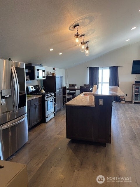 kitchen featuring a sink, stainless steel appliances, wood finished floors, and lofted ceiling