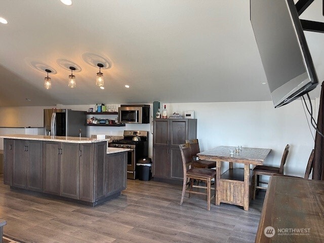 kitchen featuring light countertops, open shelves, wood finished floors, and stainless steel appliances