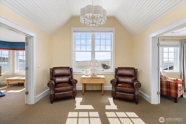 5848 Mutiny Bay Rd, Freeland, WA 98249 - sitting room with carpet floors, baseboards, a notable chandelier, and lofted ceiling