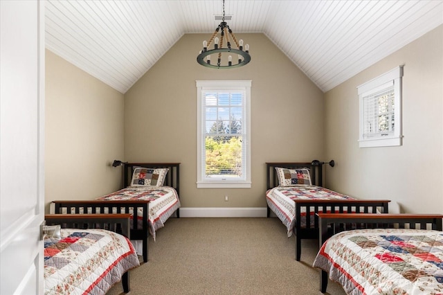 5848 Mutiny Bay Rd, Freeland, WA 98249 - bedroom featuring visible vents, vaulted ceiling, baseboards, an inviting chandelier, and carpet flooring