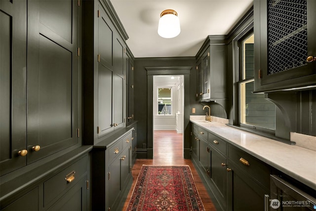 interior space with baseboards, dark wood-style floors, a sink, and ornamental molding