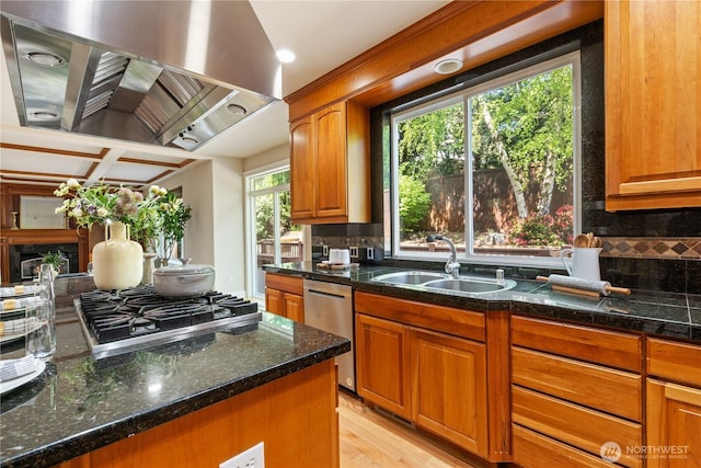 13914 SE 88th Pl, Newcastle, WA 98059 - kitchen with wall chimney exhaust hood, a sink, decorative backsplash, and appliances with stainless steel finishes
