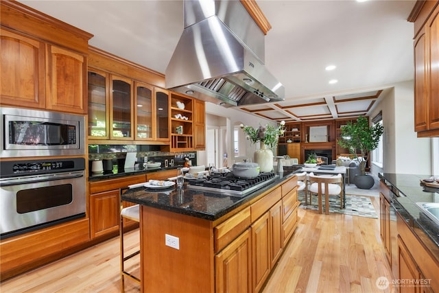 13914 SE 88th Pl, Newcastle, WA 98059 - kitchen featuring extractor fan, stainless steel appliances, open floor plan, light wood-type flooring, and coffered ceiling