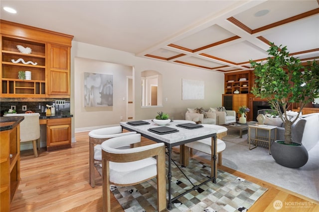 13914 SE 88th Pl, Newcastle, WA 98059 - dining area featuring recessed lighting, baseboards, light wood-type flooring, beamed ceiling, and coffered ceiling
