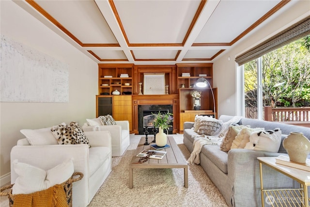 13914 SE 88th Pl, Newcastle, WA 98059 - living room with a high end fireplace, built in features, coffered ceiling, and beam ceiling
