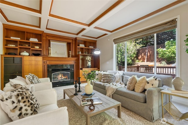 13914 SE 88th Pl, Newcastle, WA 98059 - carpeted living area with a fireplace, beam ceiling, built in shelves, ornamental molding, and coffered ceiling