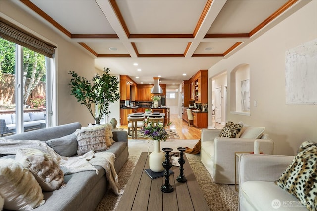 13914 SE 88th Pl, Newcastle, WA 98059 - living room featuring a healthy amount of sunlight, light wood-style flooring, coffered ceiling, and beam ceiling