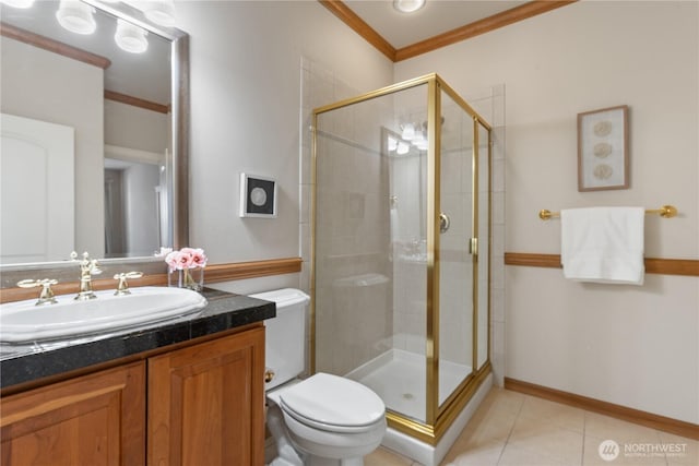 13914 SE 88th Pl, Newcastle, WA 98059 - full bathroom featuring crown molding, tile patterned floors, toilet, and a shower stall