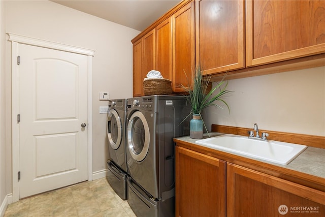 13914 SE 88th Pl, Newcastle, WA 98059 - clothes washing area with independent washer and dryer, baseboards, a sink, and cabinet space