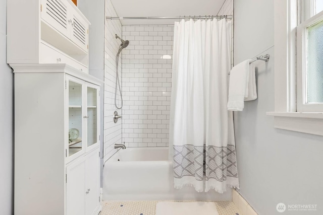 1002 S Adams St, Tacoma, WA 98405 - bathroom featuring shower / bathtub combination with curtain and tile patterned floors