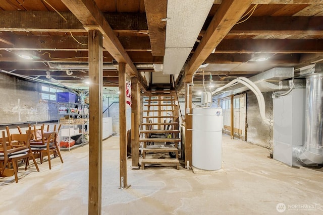 1002 S Adams St, Tacoma, WA 98405 - basement featuring water heater, heating unit, and stairway