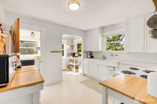 1002 S Adams St, Tacoma, WA 98405 - kitchen featuring a sink, arched walkways, light countertops, and white cabinets