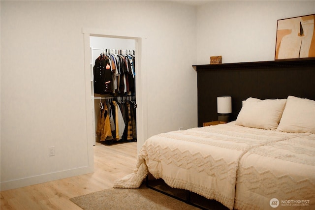 bedroom featuring baseboards, a spacious closet, wood finished floors, and a closet