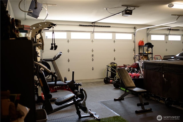 workout room featuring carpet flooring and a garage