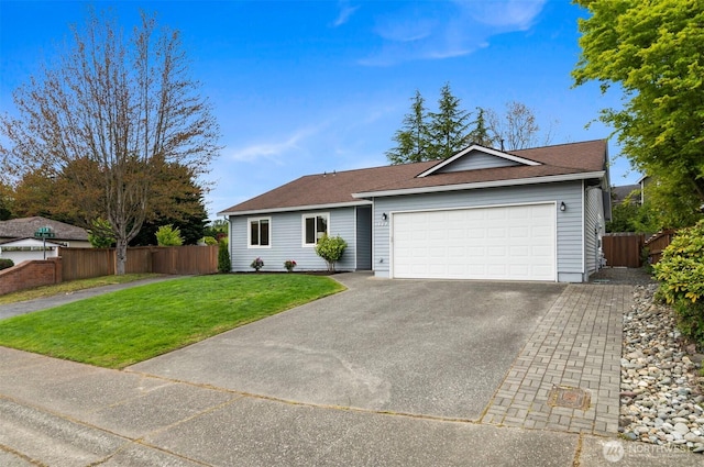 single story home featuring aphalt driveway, a garage, fence, and a front lawn