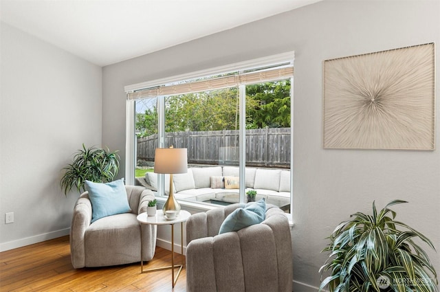 living area featuring baseboards and hardwood / wood-style floors