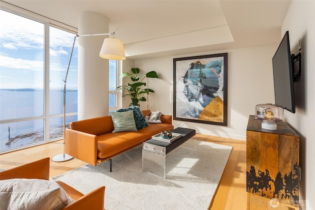 living area with baseboards and wood finished floors