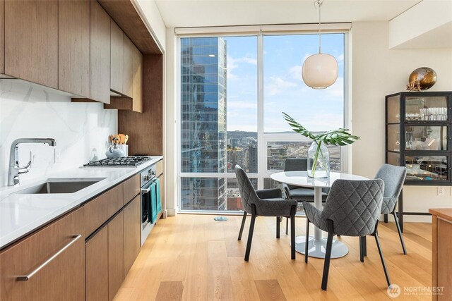 kitchen featuring a sink, light countertops, floor to ceiling windows, and light wood-type flooring
