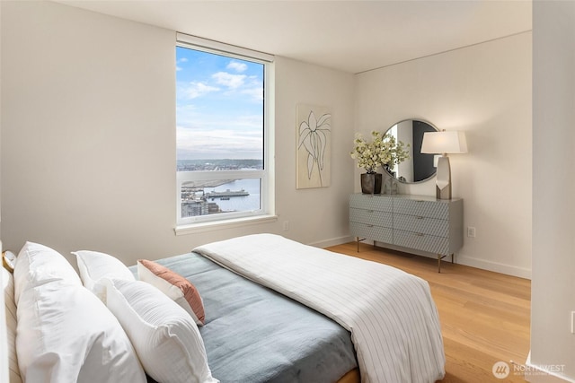 bedroom with baseboards and wood finished floors