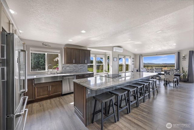 kitchen with a textured ceiling, vaulted ceiling, a sink, an AC wall unit, and stainless steel appliances