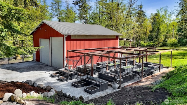view of outbuilding with fence, an outbuilding, and a vegetable garden