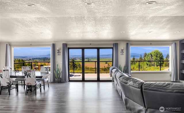 living area with recessed lighting, a textured ceiling, plenty of natural light, and wood finished floors