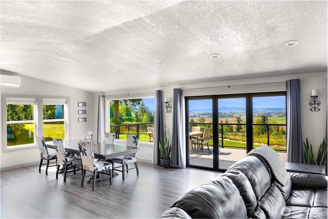 living room featuring a wall mounted air conditioner, a textured ceiling, wood finished floors, and a healthy amount of sunlight