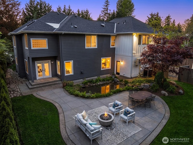 9732 Slater Ave NE, Kirkland, WA 98033 - back of house featuring french doors, a patio, a fire pit, and roof with shingles