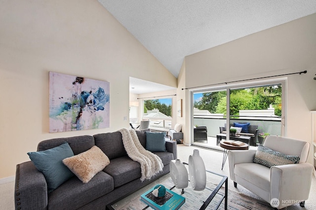 carpeted living room featuring high vaulted ceiling