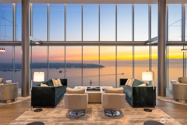 interior space featuring a water view, a high ceiling, and wood finished floors