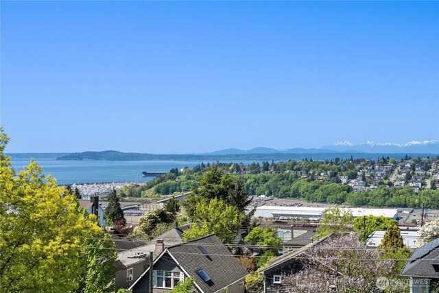 birds eye view of property featuring a water and mountain view