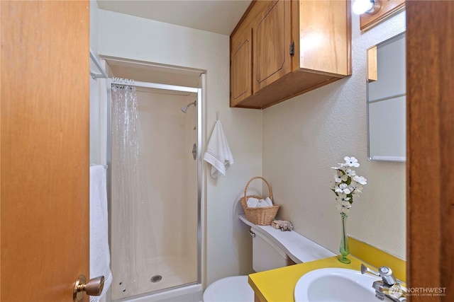 bathroom with vanity, toilet, and a stall shower