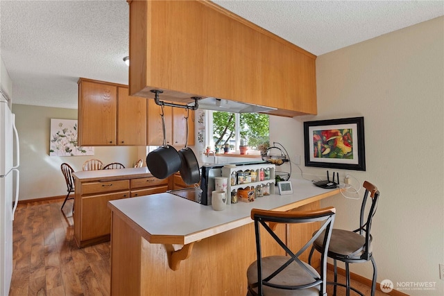 kitchen featuring light countertops, a peninsula, a textured ceiling, and wood finished floors