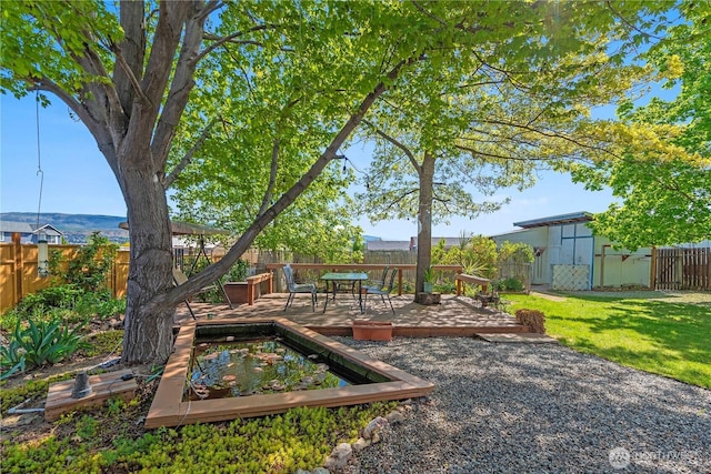 view of yard featuring a fenced backyard and a deck