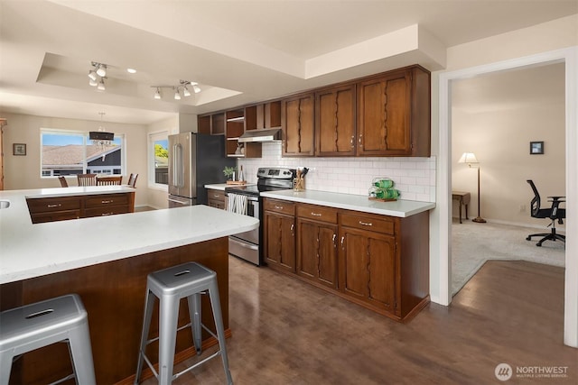 kitchen with light countertops, a raised ceiling, appliances with stainless steel finishes, and under cabinet range hood