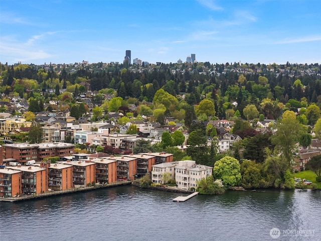 bird's eye view with a water view