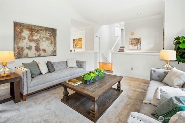 carpeted living room featuring recessed lighting, stairs, and lofted ceiling
