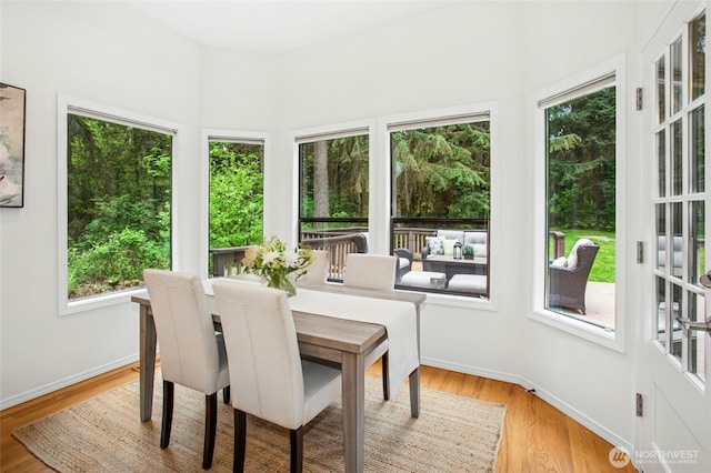 sunroom with baseboards, plenty of natural light, and wood finished floors