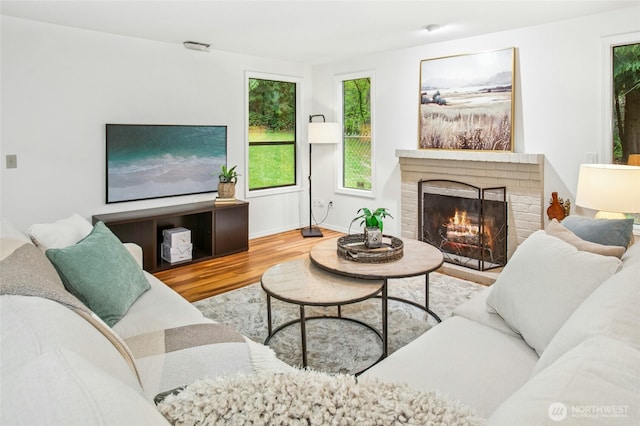 living room featuring baseboards, a fireplace, and wood finished floors