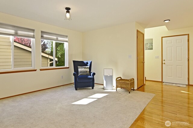 living area featuring baseboards and wood finished floors