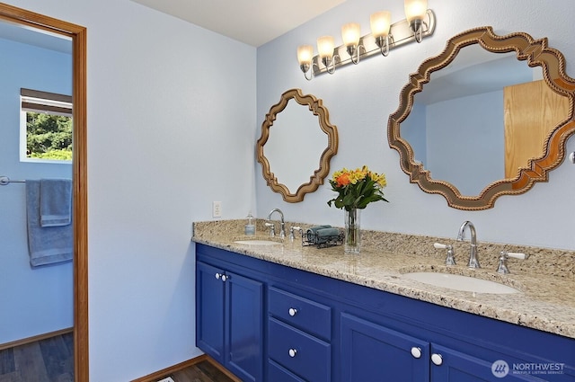 bathroom with double vanity, a sink, and wood finished floors