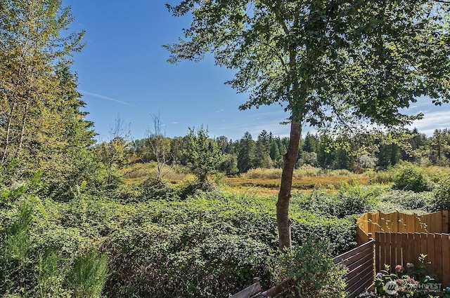 view of yard with fence and a forest view