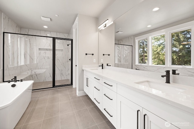 1433 238th St SE, Bothell, WA 98021 - bathroom with recessed lighting, a sink, a marble finish shower, and tile patterned floors